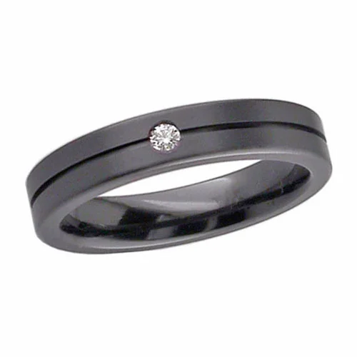 Black Zirconium Wedding Ring with Diamond and Center Groove