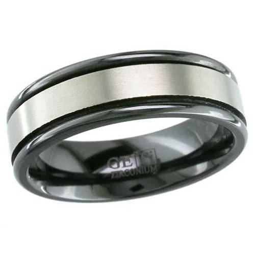 Black Zirconium Wedding Ring with Natural Center Black Edge Rails