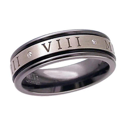 Black Zirconium Ring with Roman Numerals and Diamonds