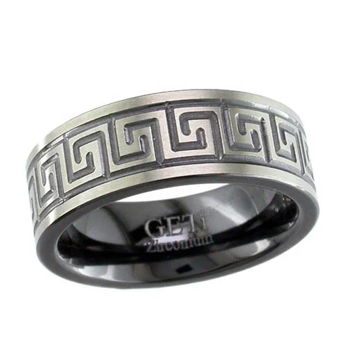 Greek Key Pattern Relieved Black Zirconium Wedding Ring