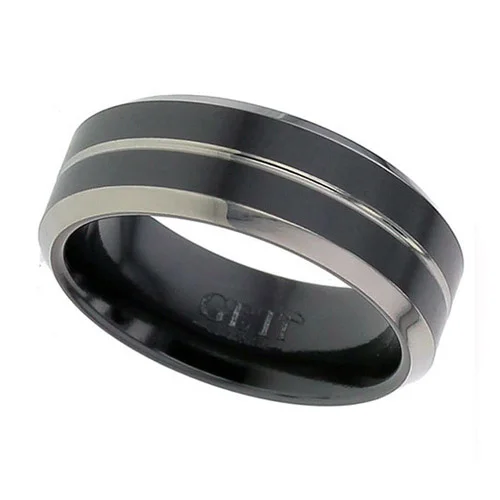 Black Zirconium Wedding Ring with Chamfered Natural Edge and Groove