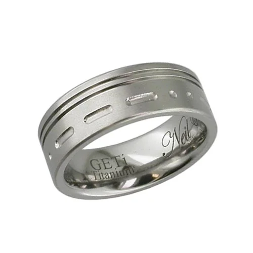 Titanium Wedding Ring with off-center Grooves &amp; Morse Code Message