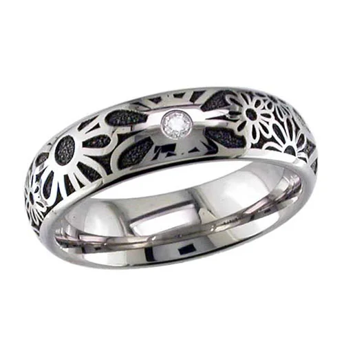 Flower Titanium Wedding Band with Diamond