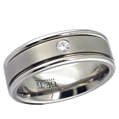 Flat Profile Diamond Titanium Wedding Ring with Rail Edges
