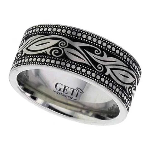Wide Titanium Wedding Ring with Leaf Design