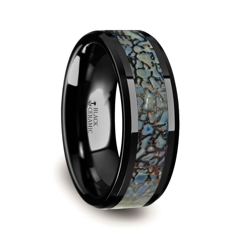 PERMIAN Blue Dinosaur Bone & Black Ceramic Wedding Ring