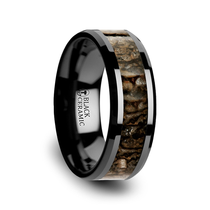 SILURIAN Dinosaur Bone Inlaid Black Ceramic Wedding Ring