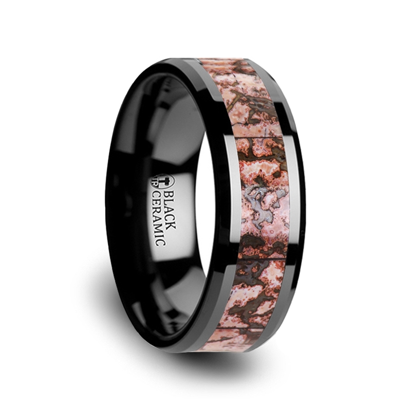 Cambrian Pink Dinosaur Bone & Black Ceramic Wedding Ring