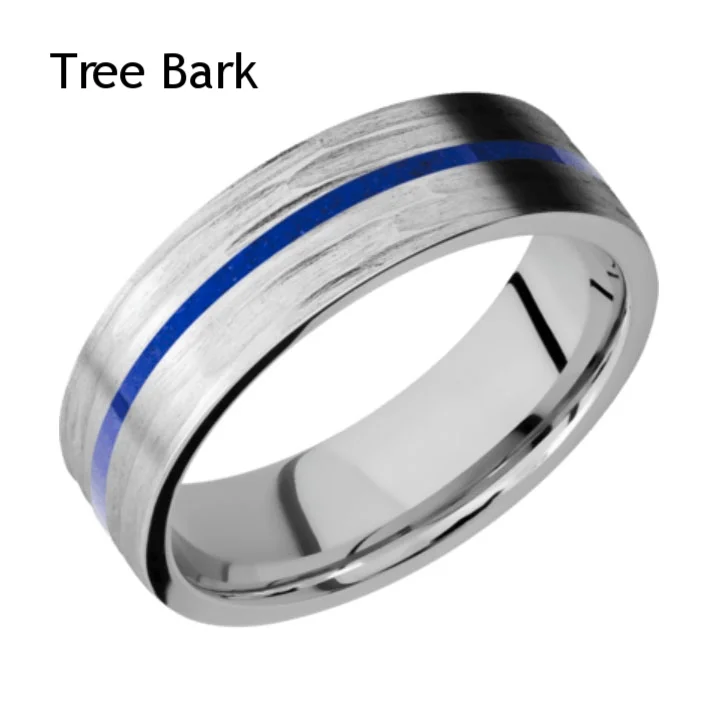 Flat ProfileCobalt Chrome Wedding Ring with Lapis Inlay Tree Bark Finish