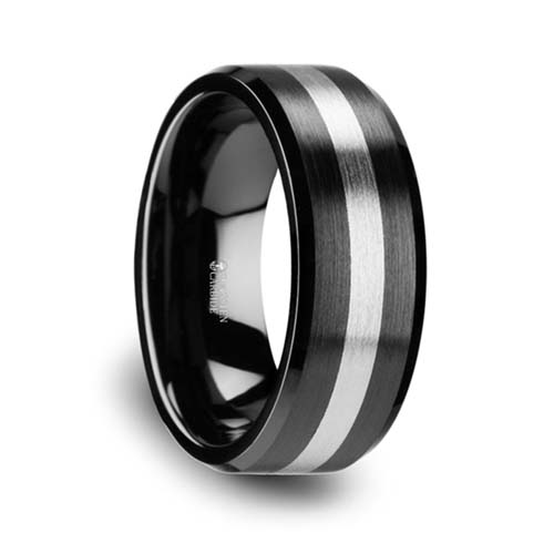 Phoenix Brushed Black Ceramic with Tungsten Inlay Wedding Ring