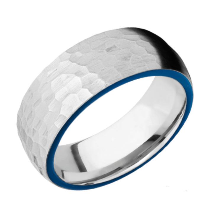 Side Blue &amp; Hammered Finish Cobalt Chrome Thin Blue Line Wedding Ring