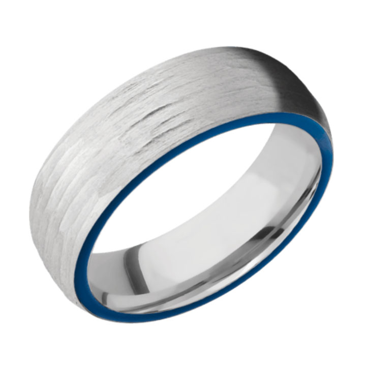 Side Blue &amp; Tree Bark Finish Cobalt Chrome Thin Blue Line Wedding Ring