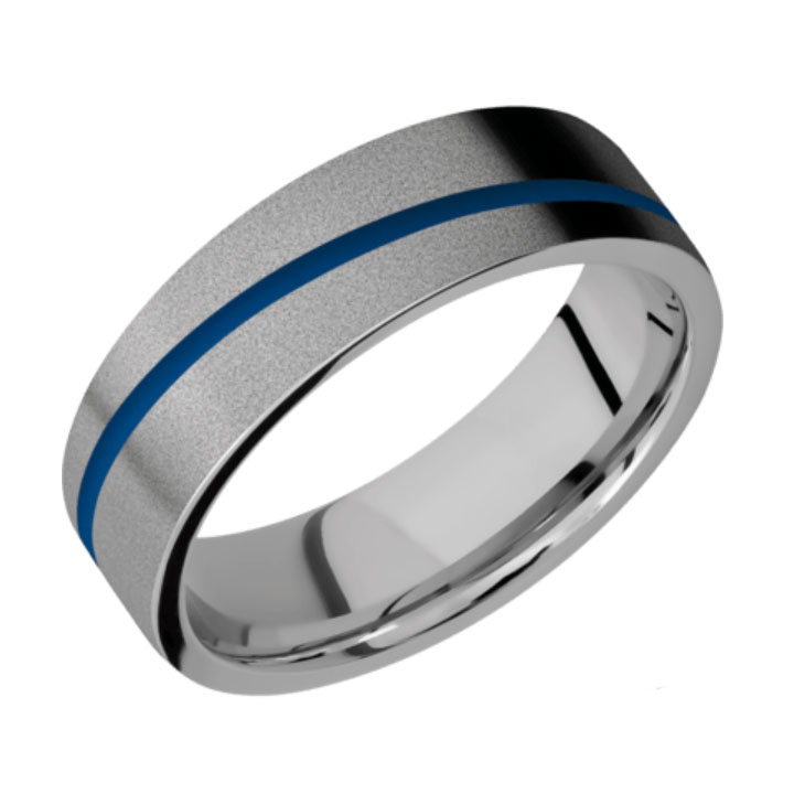 Blue &amp; Bead Finish Titanium Thin Blue Line Wedding Ring