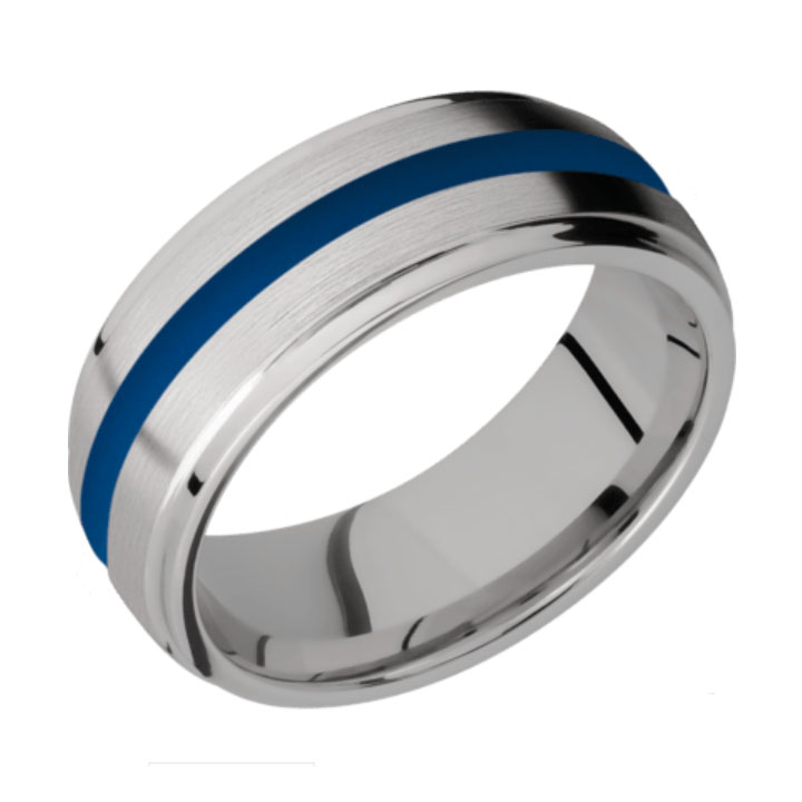 Blue &amp; Satin/Polished Finish Titanium Thin Blue Line Wedding Ring