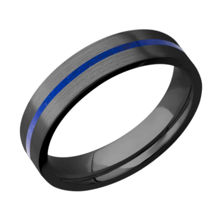 Lapis &amp; Satin Finish Thin Blue Line Black Zirconium Wedding Ring