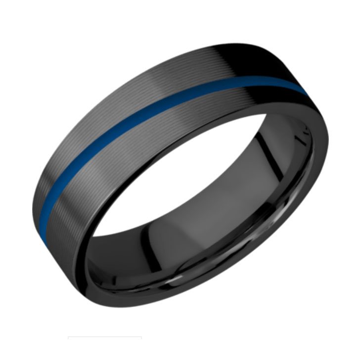 Blue &amp; Micro Grooved Finish Black Zirconium Thin Blue Line Wedding Ring