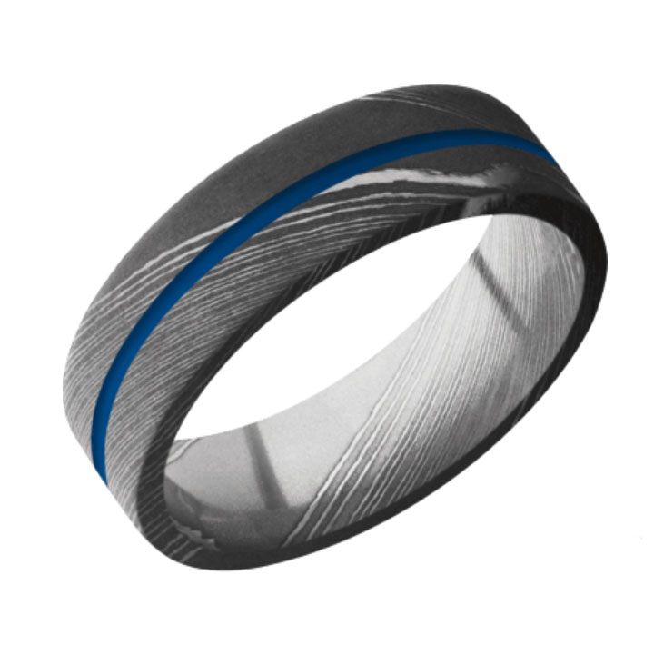 Blue &amp; Acid Finish Damascus Steel Thin Blue Line Wedding Ring
