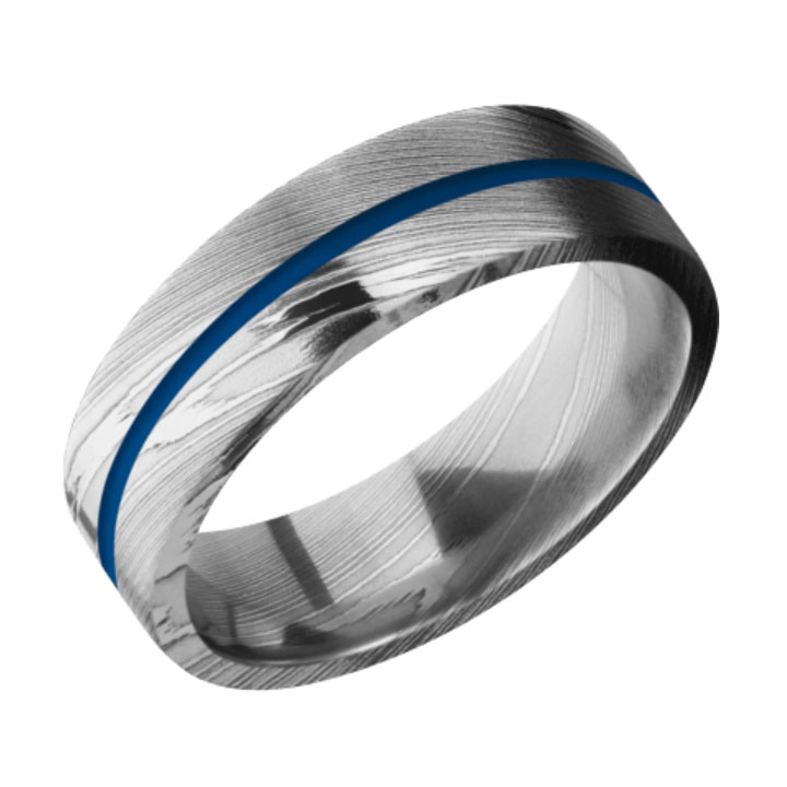 Blue &amp; Polished Finish Damascus Steel Thin Blue Line Wedding Ring