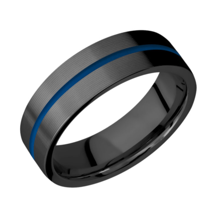 Blue &amp; Machine Finish Thin Blue Line Black Zirconium Wedding Ring