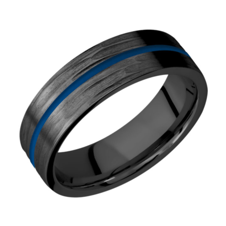 Blue &amp; Tree Bark Finish Thin Blue Line Black Zirconium Wedding Ring