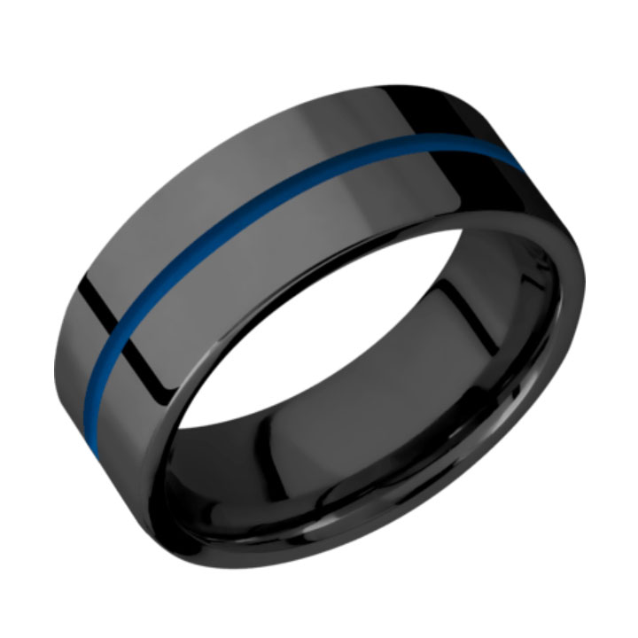 Blue &amp; Polished Finish Thin Blue Line Black Zirconium Wedding Ring