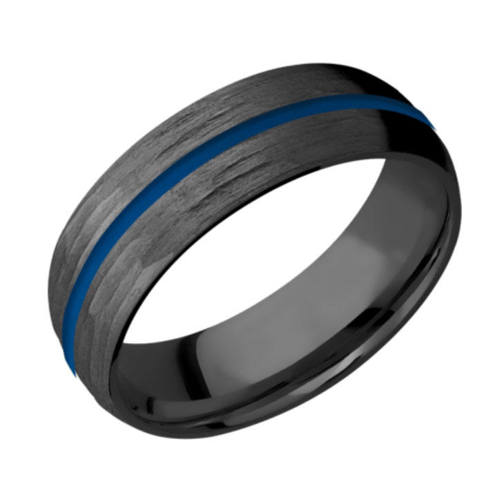 Blue &amp; Tree Bark Finish Domed Thin Blue Line Wedding Ring