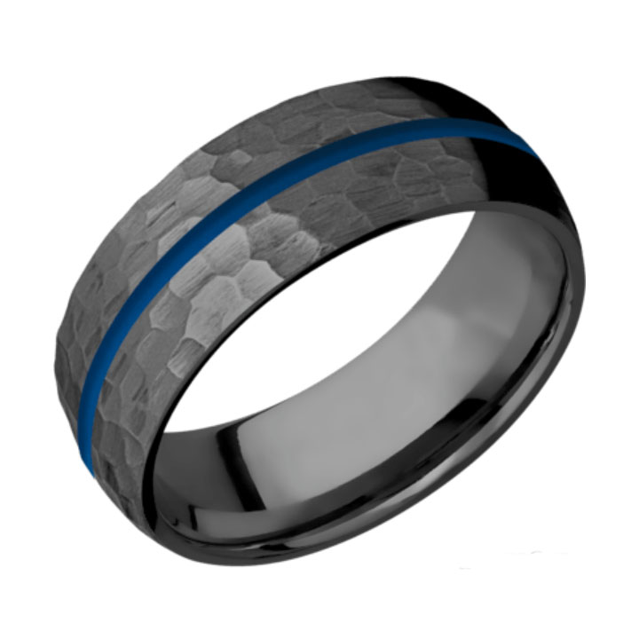 Blue &amp; Hammered Finish Domed Thin Blue Line Wedding Ring