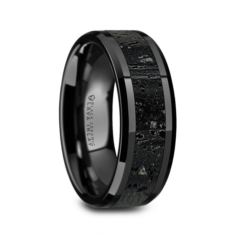 Thorsten FRAENER Pipe Cut Polish Finished Black Ceramic Wedding Ring 10mm Wide Wedding Band with Custom Inside Engraved Personalized from Roy Rose Jewelry