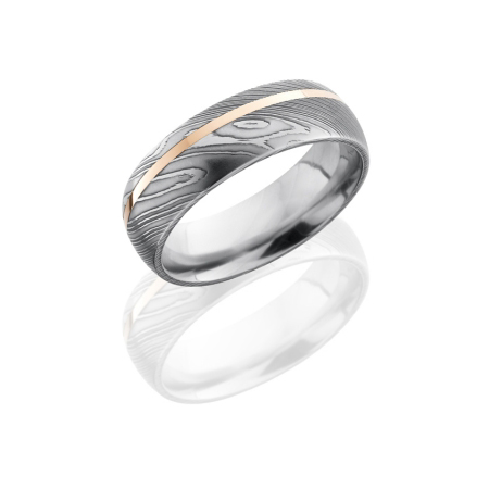 Damascus Steel Wedding Ring with Off-Center 14K Rose Inlay
