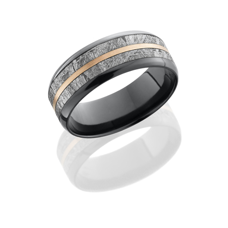 Black Zirconium &amp; Meteorite Wedding Ring with 14K Rose Gold Inlay