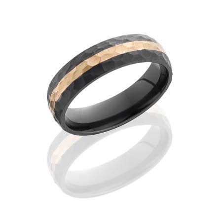 Hammered Black Zirconium Wedding Ring with 14K Rose Gold Stripe