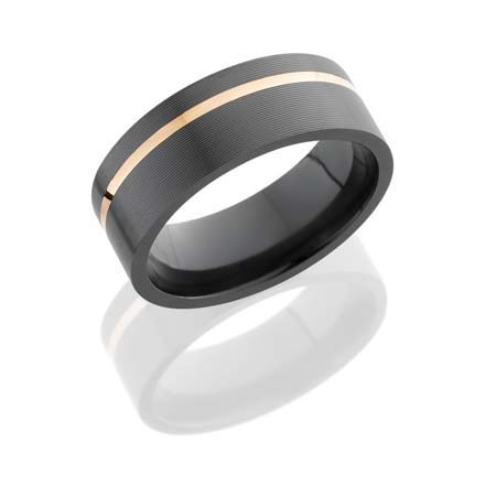 Grooved Black Zirconium Ring with Off-Center 14K Rose Gold Stripe