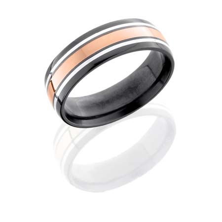 Black Zirconium Wedding Ring with Rose Gold &amp; Sterling Silver Inlays