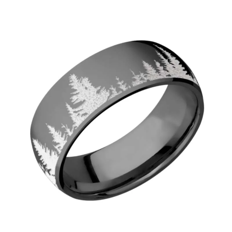 Black Zirconium With Evergreen Trees Wedding Ring