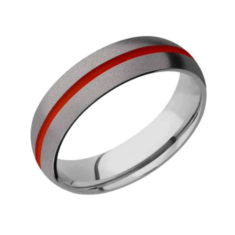 Titanium Domed Wedding Ring with 1 mm Thin Red Line Sand Finish