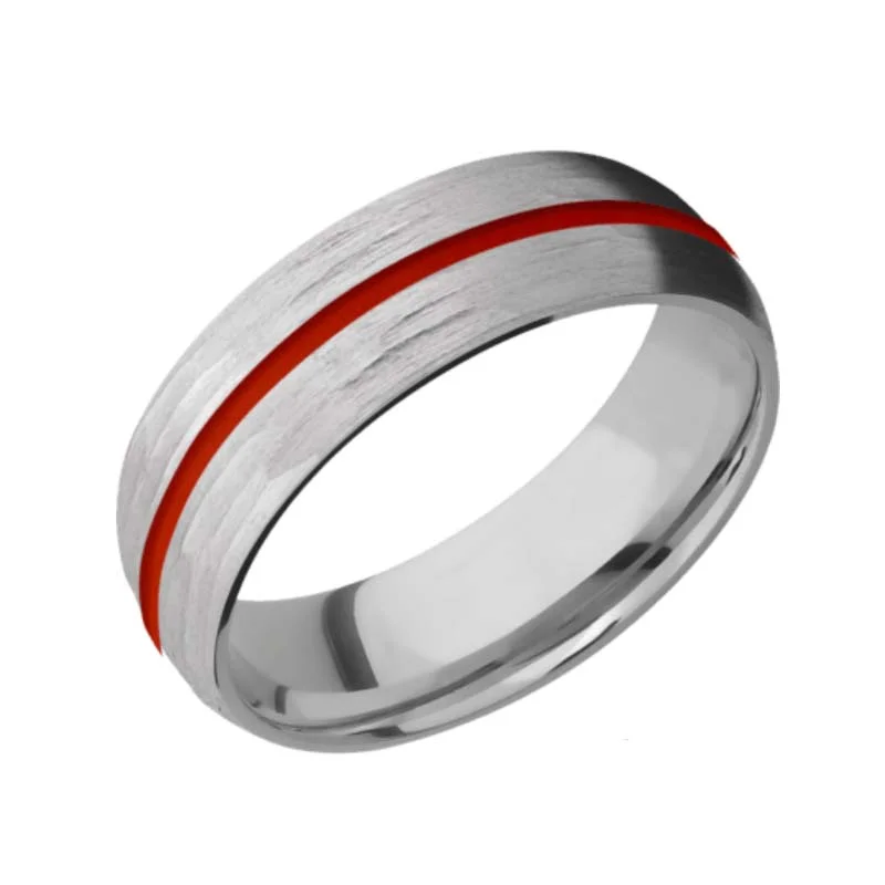 Titanium Domed Wedding Ring with 1 mm Thin Red Line Tree Bark Finish