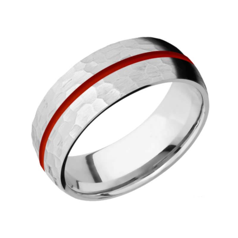 Titanium Domed Wedding Ring with 1 mm Thin Red Line Hammered Finish