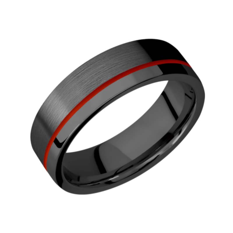 Flat Black Zirconium Wedding Ring with Off Center .5 mm Thin Red Line Inlay