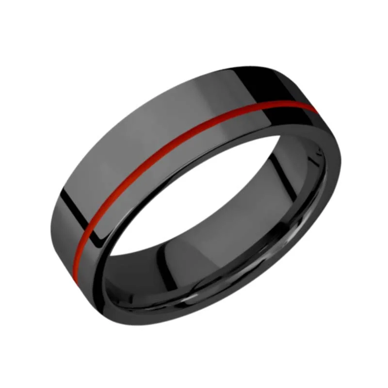 Flat Black Zirconium Wedding Ring with Off Center .5 mm Thin Red Line Inlay