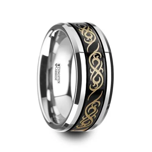 Thorsten Raizen Black Tungsten Wedding Ring with Scroll Pattern