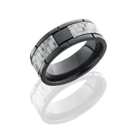 Black Zirconium and Silver Carbon Fiber Segmented Wedding Ring