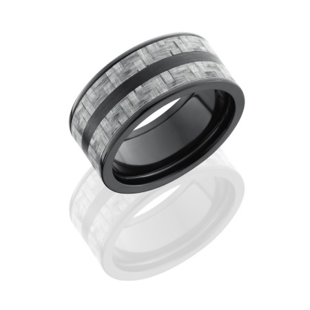Wide Black Zirconium and Silver Carbon Fiber Wedding Ring
