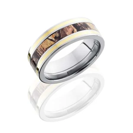 Camo Titanium Wedding Ring with Two 14K Yellow Stripes