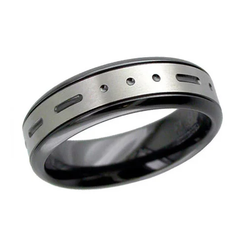 Flat Relieved Black Zirconium Ring with Morse Code Engraving