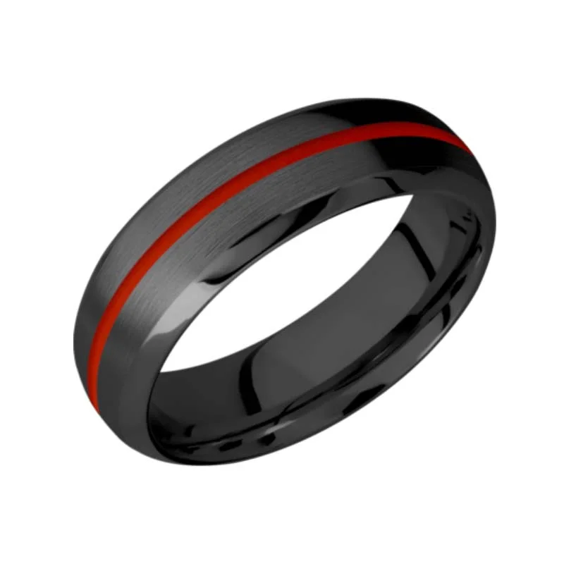 Domed Black Zirconium Wedding Ring with 1 mm Thin Red Line Inlay