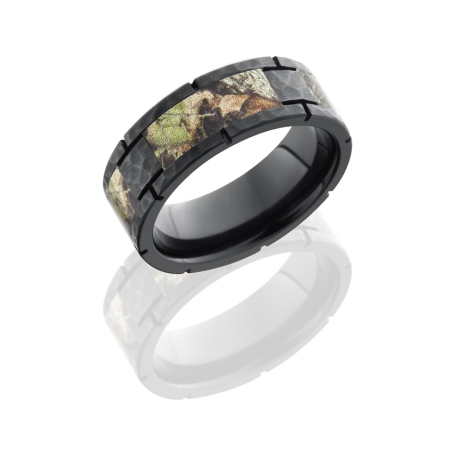 Segmented Black Zirconium Wedding Ring with Camo and Hammer Finish