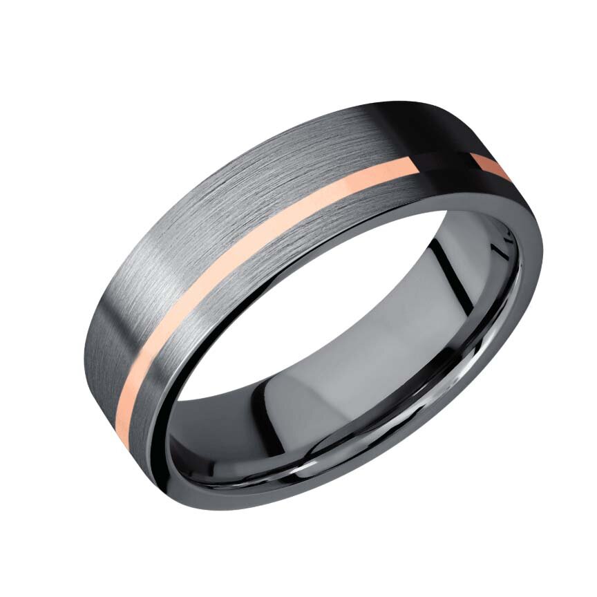  Flat profile Tantalum wedding ring with 1 mm 14K Rose Gold off-center Stripe and Satin Finish. 7 mm, Whole and half sizes from 4.5 to 14. Comfort fit, Satin Finish.. 