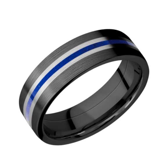 Black Zirconium Thin Blue Line Wedding Ring with Lapis and Titanium Inlay