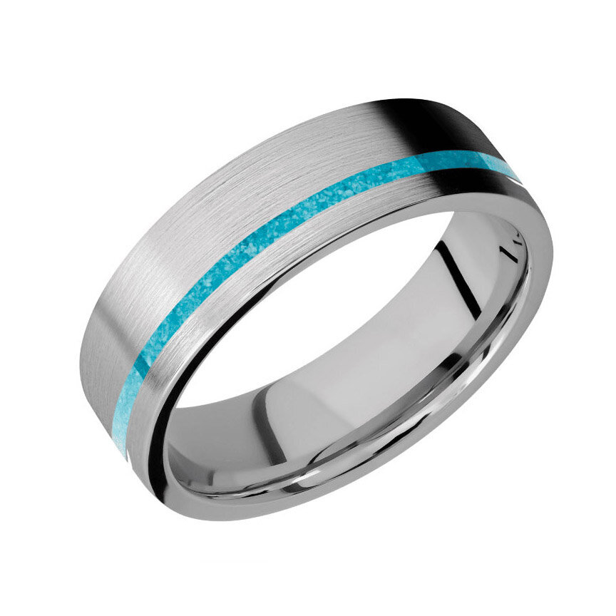 Titanium Wedding Ring with Off Center Turquoise Inlay