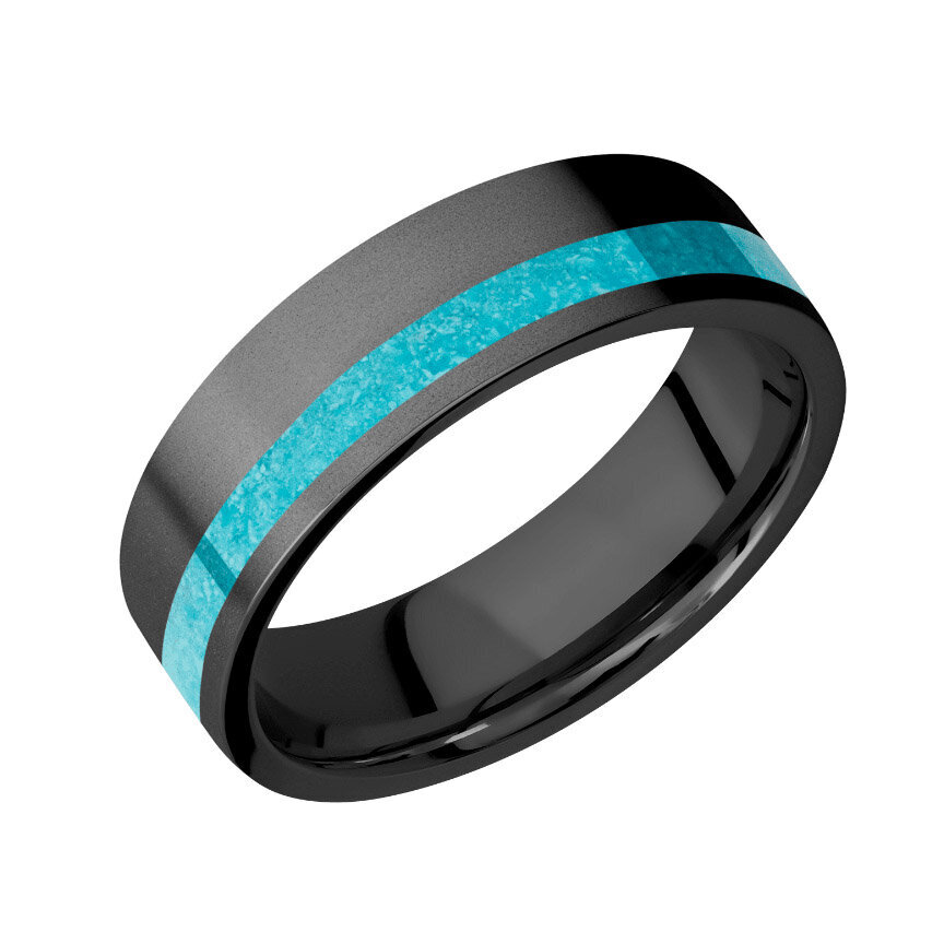 Black Zirconium Wedding Ring with 2 mm Off Center Turquoise Inlay